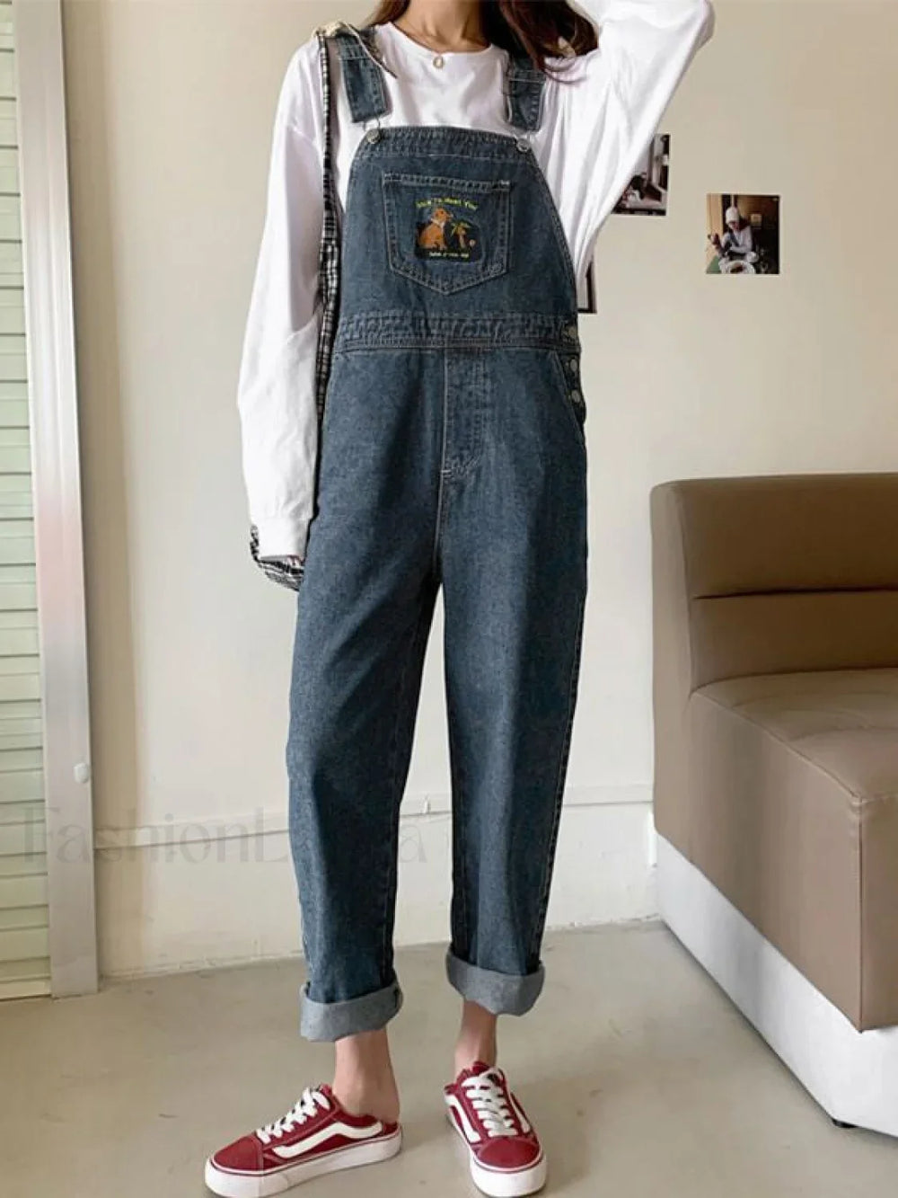 Embroidered Pocket Denim Overall Jeans Blue / S Overall