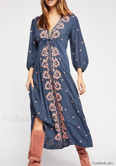 Embroidered Tie Waist Boho Dress Blue / S