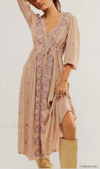Embroidered Tie Waist Boho Dress Khaki / S