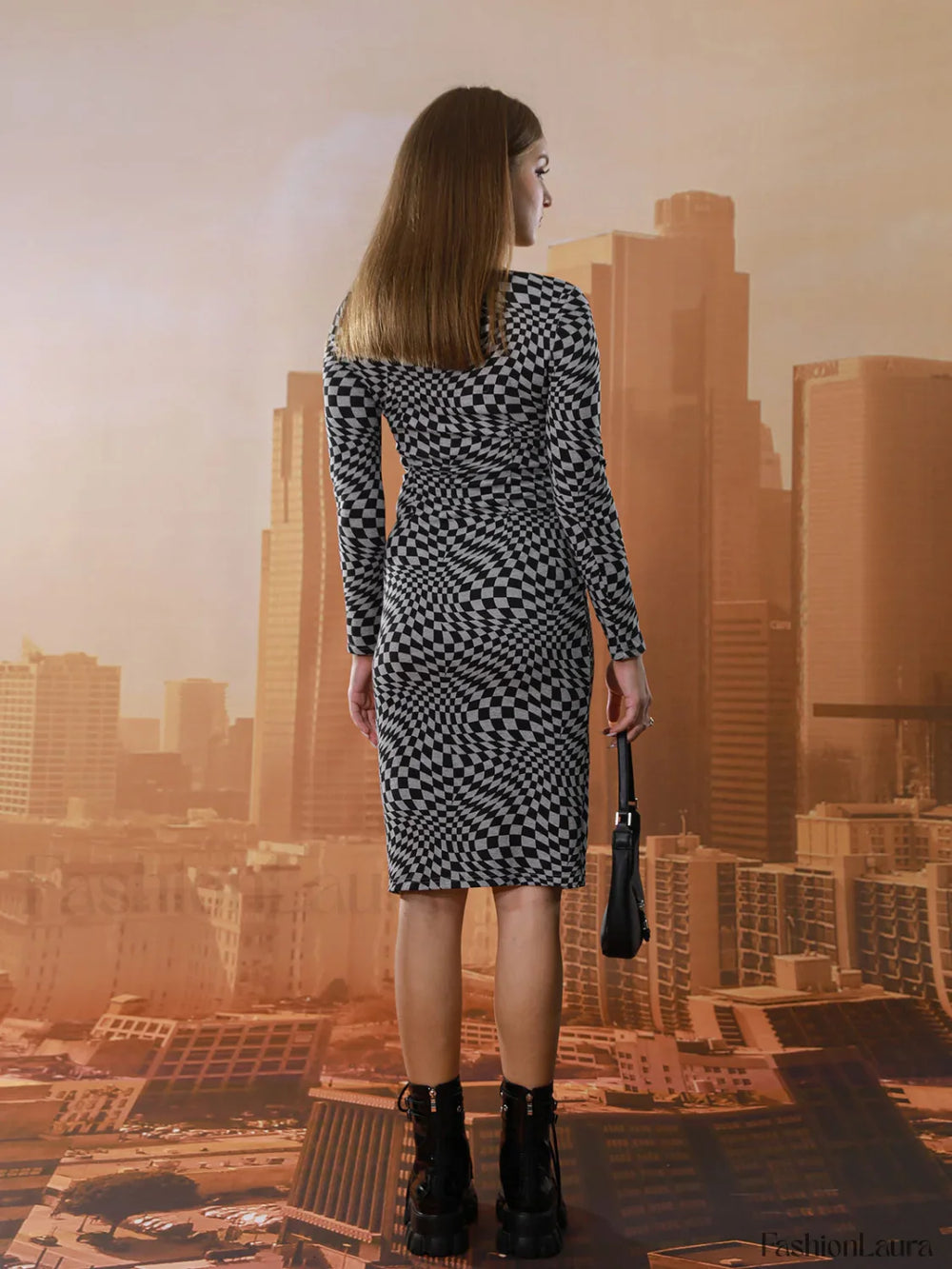 EMMIOL Cutout Long Sleeve Checkered Midi Dress Midi Dresses