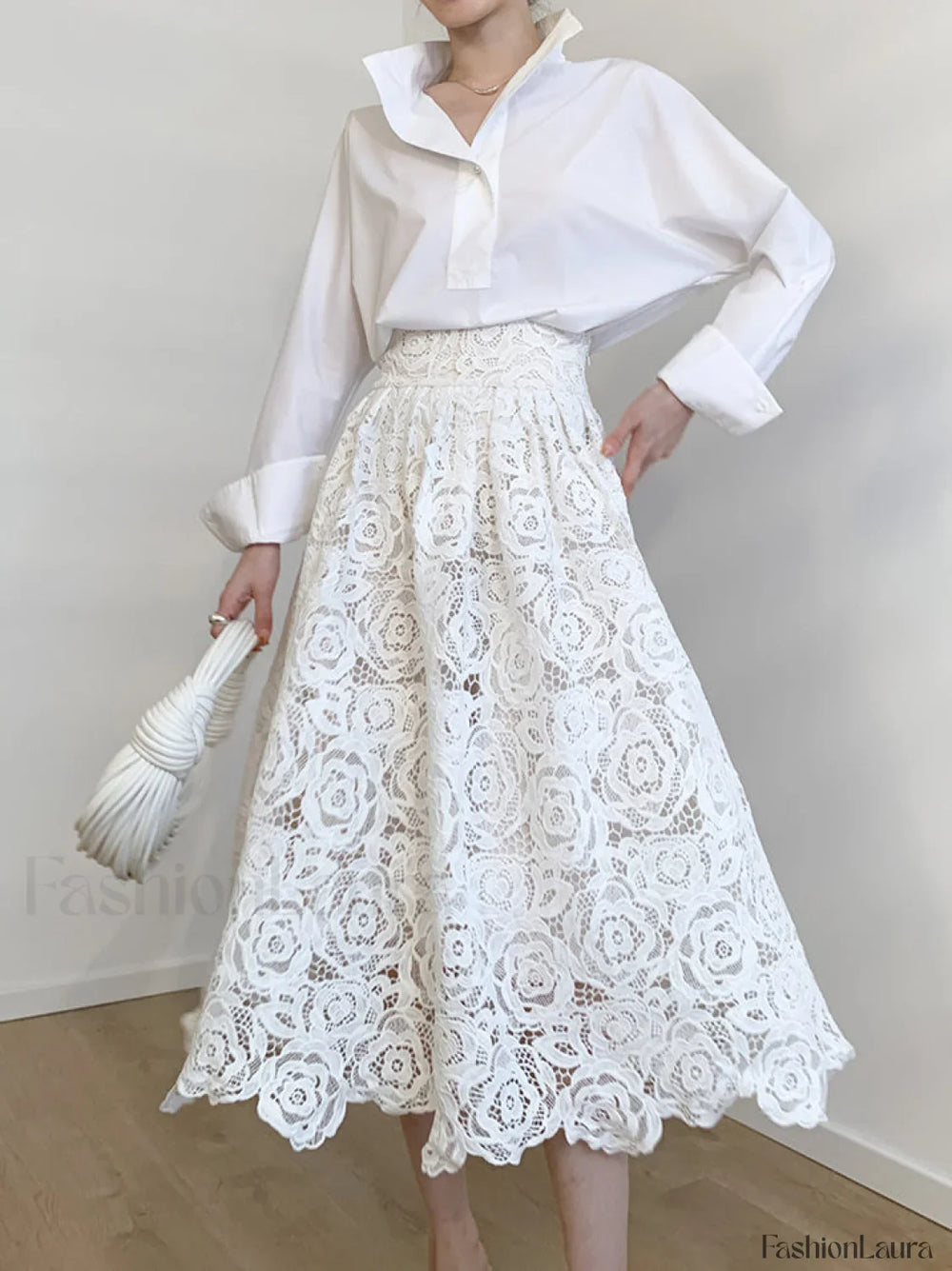 Eyelet Rosebud Graceful Pattern Maxi Skirt White / XS Skirts