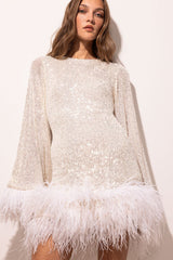 Long Sleeve Feather Sequin Mini Dress