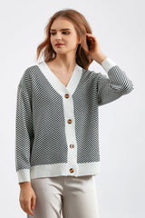 Striped V Neck Buttoned Knit Sweater