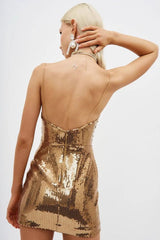 Gold V Neck Spaghetti Strap Mini Dress