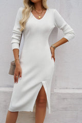 Slim V-Neck Split Knit Sweater Dress