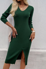 Slim V-Neck Split Knit Sweater Dress S / Green