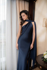 Elegant Satin Slant Neck Sheath Formal Dress