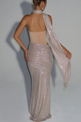 Sequin Sash Strapless Gown Dress