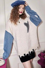 Denim Panel Mid Length Relaxed Sweater