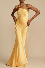 Satin One Shoulder Bodycon Formal Dress S / Yellow