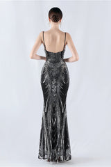 Boned Sequin Embroidered Formal Dress S / Black