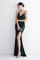 Elegant Velvet Sequin Party Dress Green / S
