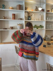 Fashion Contrasting O Neck Hollow Out Knitted Pullover Women Long Sleeve Loose Sweater COLORFUL / S Sweaters L