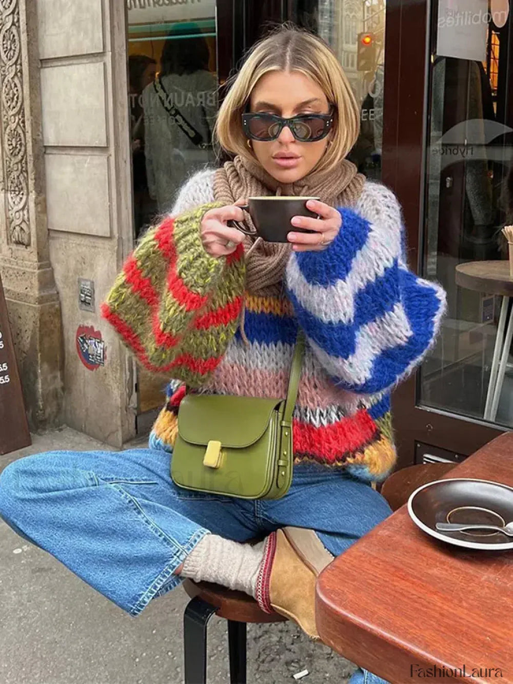 Fashion Contrasting O Neck Hollow Out Knitted Pullover Women Long Sleeve Loose Sweater Sweaters L