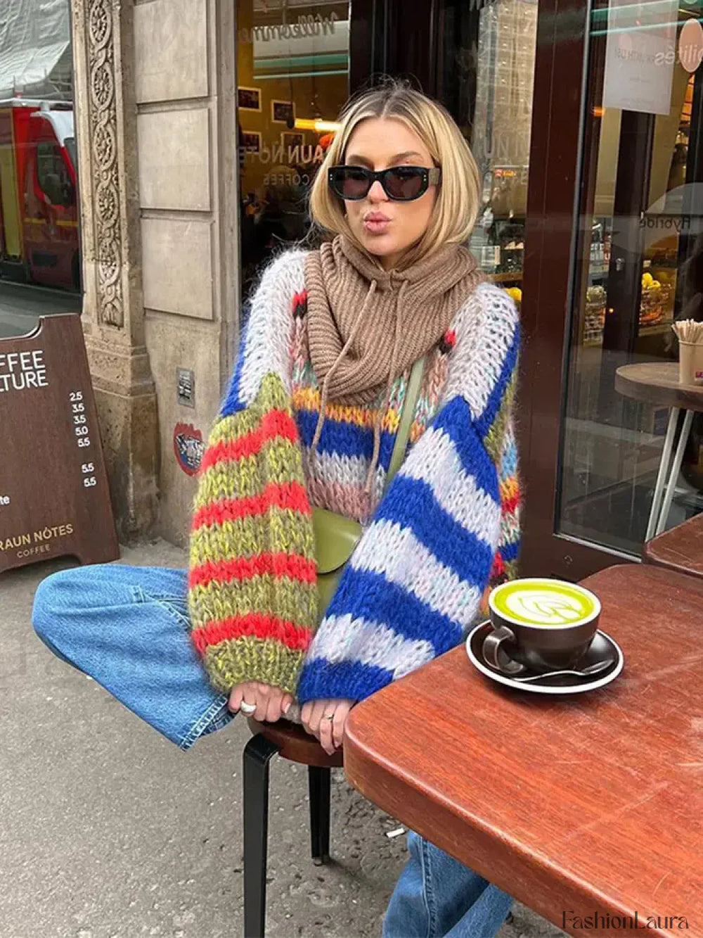 Fashion Contrasting O Neck Hollow Out Knitted Pullover Women Long Sleeve Loose Sweater Sweaters L