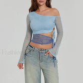 Fashion Sexy Lace Long Sleeve Oblique Neck T Shirt Blue / S