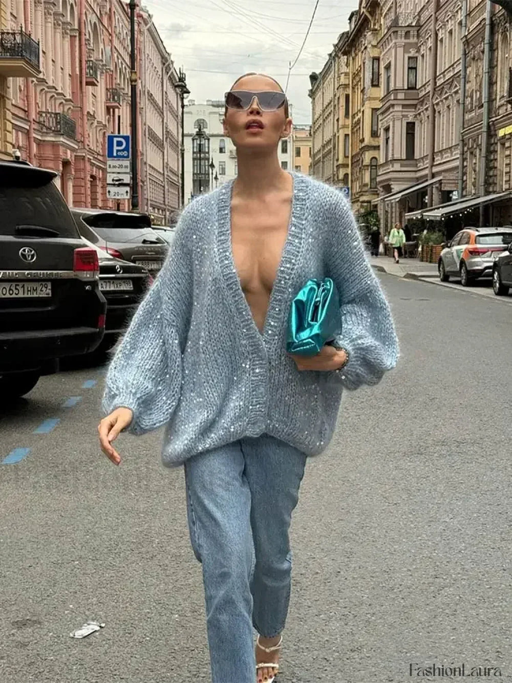 Fashion Shiny Sequins Women Mohair Knitted Cardigan V Neck Long Lantern Sleeve Sweater Gray Blue / S Sweaters L