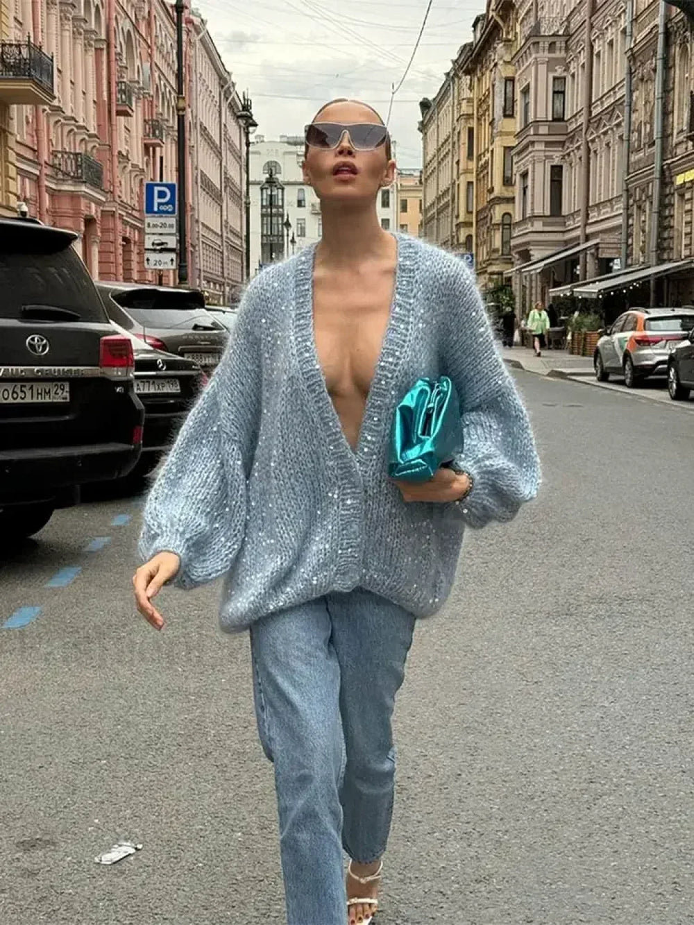 Fashion Shiny Sequins Women Mohair Knitted Cardigan V Neck Long Lantern Sleeve Sweater Gray Blue / S Sweaters L