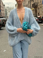 Fashion Shiny Sequins Women Mohair Knitted Cardigan V Neck Long Lantern Sleeve Sweater Sweaters L