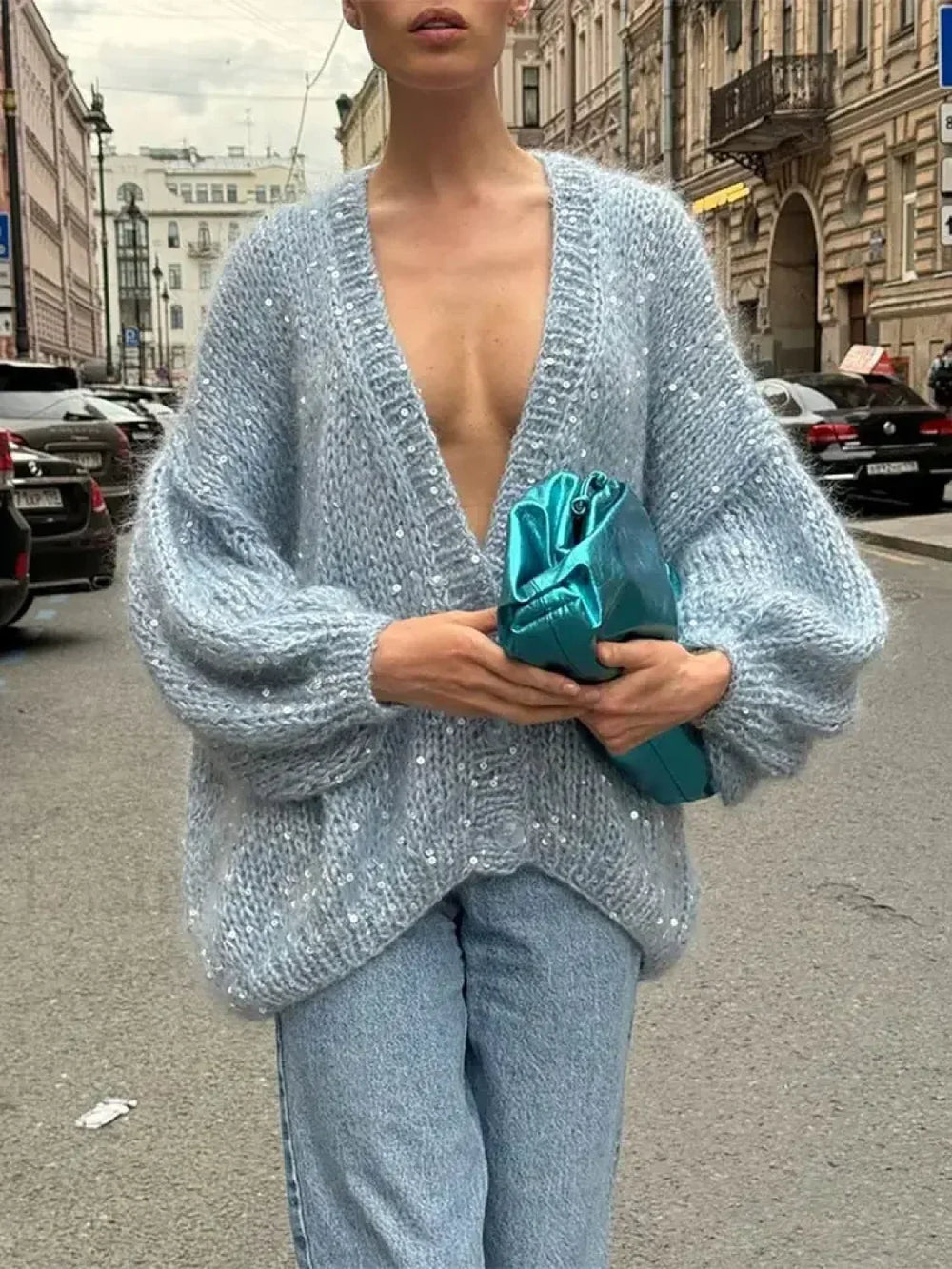 Fashion Shiny Sequins Women Mohair Knitted Cardigan V Neck Long Lantern Sleeve Sweater Sweaters L