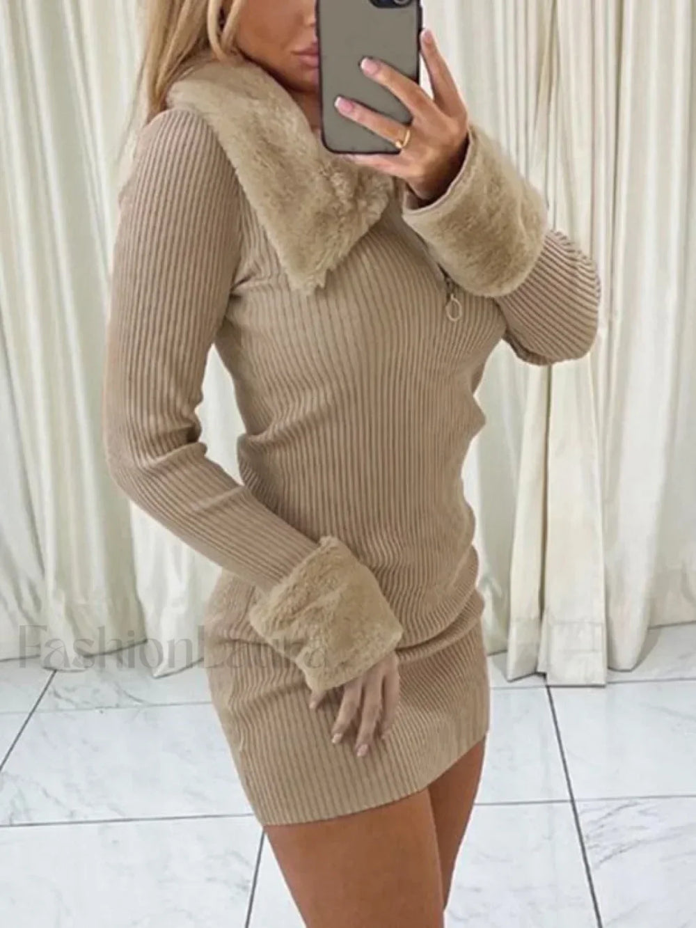 Faux Fur Trim Ribbed Long Sleeve Mini Dress Mini Dresses