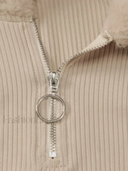 Faux Fur Trim Ribbed Long Sleeve Mini Dress Mini Dresses