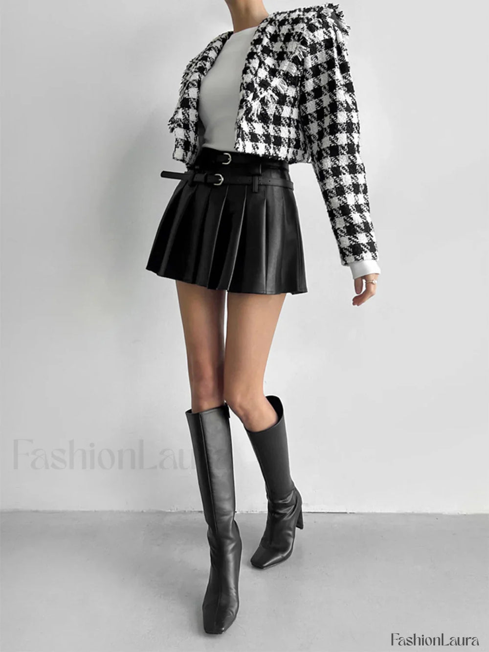 Faux Leather Belt Trendy Pleated Short Skirt Skirts