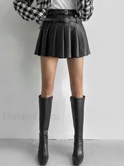 Faux Leather Belt Trendy Pleated Short Skirt Skirts