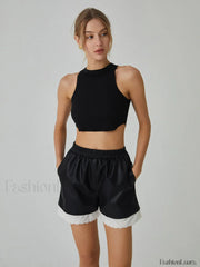 Faux Leather Graceful Lace Patchwork Shorts Shorts