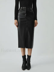 Faux Leather Graceful Pockets Midi Skirt Black / XS Skirts