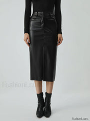 Faux Leather Graceful Pockets Midi Skirt Black / XS Skirts
