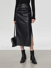 Faux Leather Ruched Trendy Slit Midi Skirt Black / XS Skirts