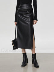 Faux Leather Ruched Trendy Slit Midi Skirt Black / XS Skirts