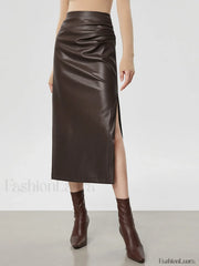 Faux Leather Ruched Trendy Slit Midi Skirt Dark Brown / XS Skirts