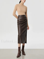Faux Leather Ruched Trendy Slit Midi Skirt Skirts
