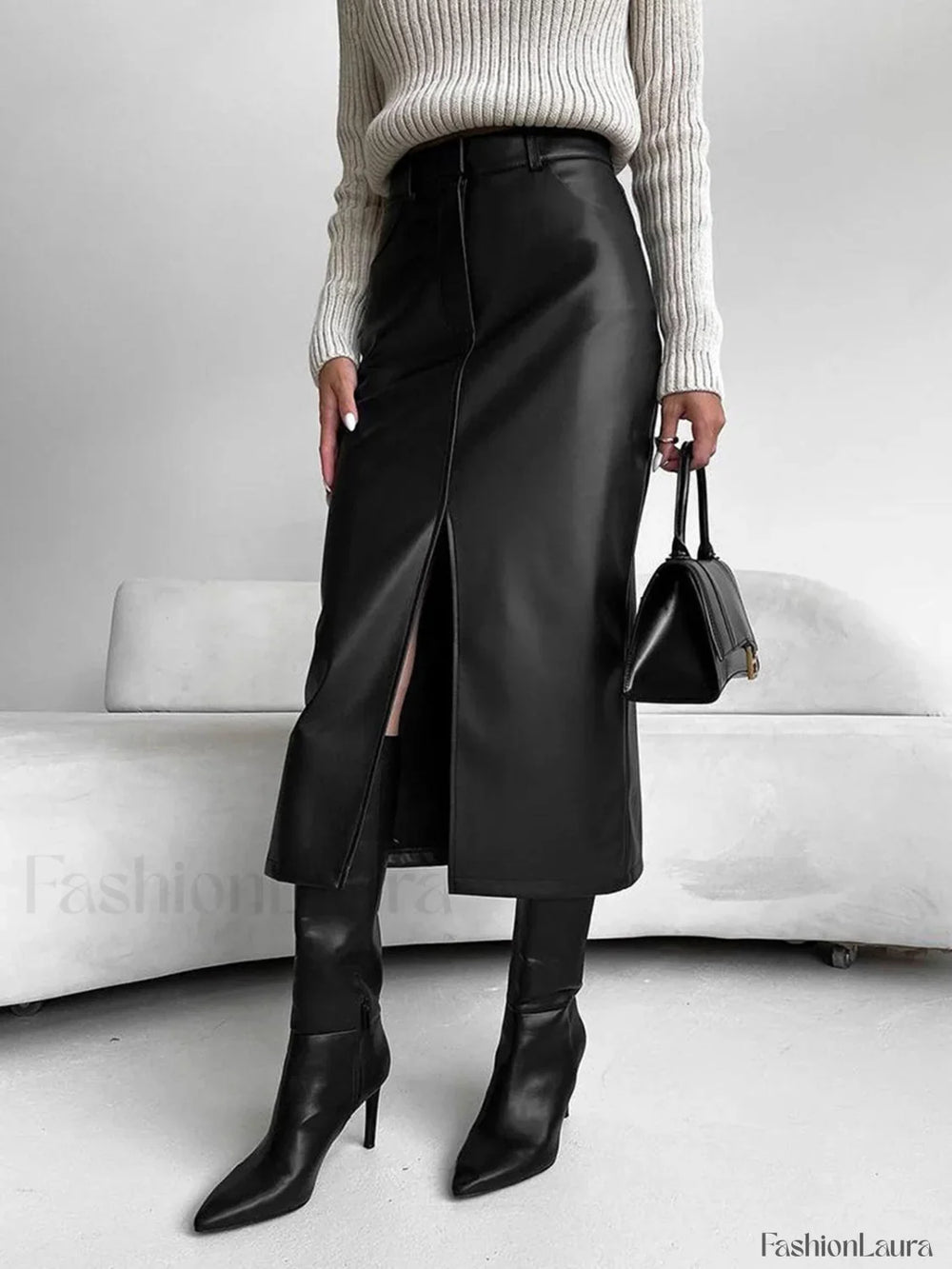 Faux Leeather Graceful Slit Midi Skirt Black / XS Skirts