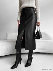 Faux Leeather Graceful Slit Midi Skirt Black / XS Skirts