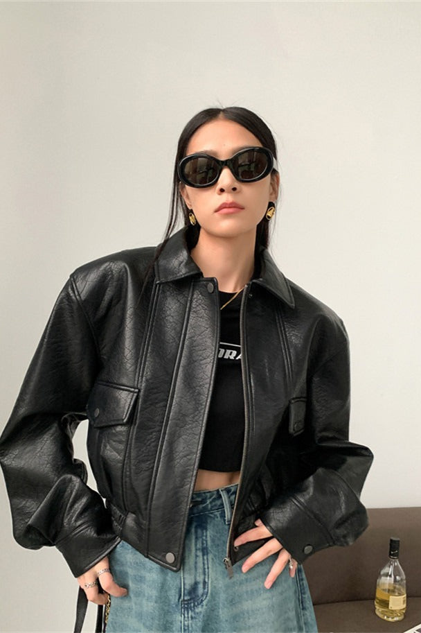 Short PU Leather Notch Lapel Jacket S / Black