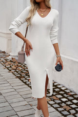 Slim V-Neck Split Knit Sweater Dress