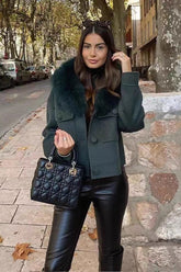Green Detachable Fur Collar Wool Jacket