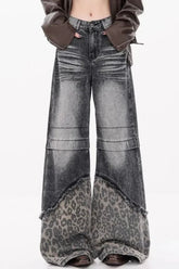 Patchwork Leopard Wide Leg Jeans Grey / S