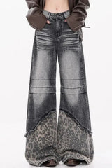 Patchwork Leopard Wide Leg Jeans Grey / S