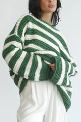 Striped Knit Casual Loose Sweater Green / S
