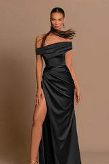 Silk Satin Off Shoulder Slit Formal Dress