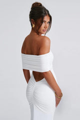 Solid Off Shoulder Ruched Formal Dress