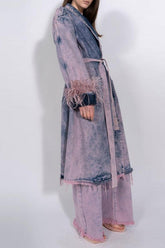 Denim Ostrich Feather Trim Belted Overcoat