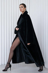 Long Notched Lapel Belted Rabbit Faux Fur Overcoat