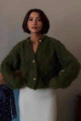 Solid Color Button-Up Faux Fur Knit Sweater