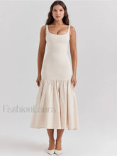 Fishtail Square Collar Midi Dress Beige / S