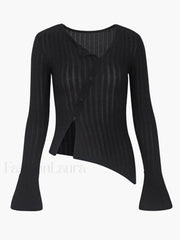 Flare Cuff Graceful Ribbed Knit Top Black / XS Shirts